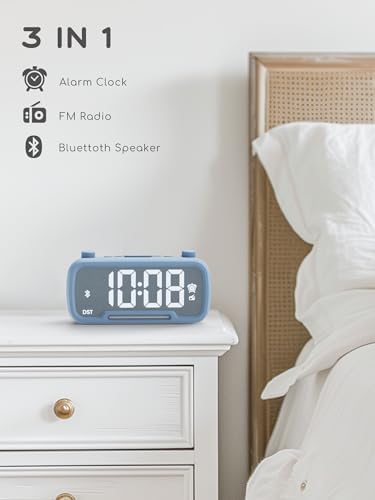 ROCAM Alarm Clock Radio for Bedrooms with Bluetooth Speaker, Auto-Off Timer, Dimmer, Battery Backup, Loud Alarm Clock for Heavy Sleepers with USB Ports Night