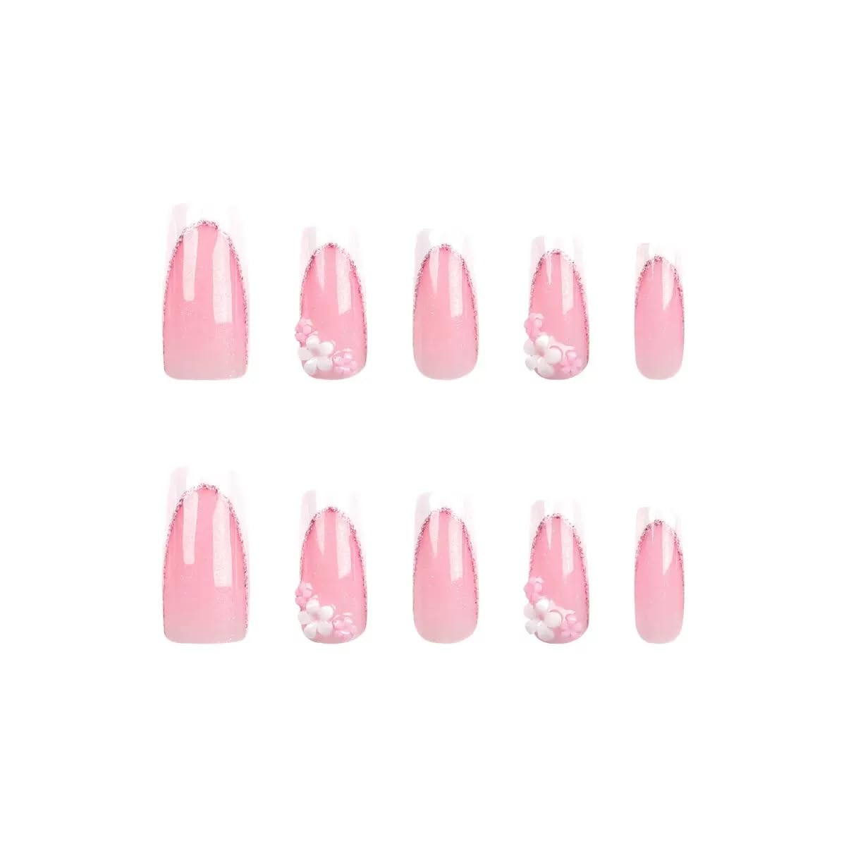 Long Press on Nails Square - White French Tip Fake Nails with Flower Chrams Design - Glossy Glitter Full Cover Stick on False Nails - for Women 24 Pcs