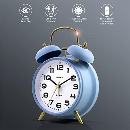 Sharp 4-Inch Twin Bell Alarm Clock for Heavy Sleepers, Cornflower Blue