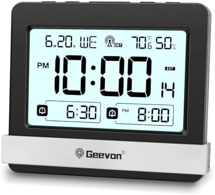 Geevon Atomic Travel Alarm Clock with Indoor Temperature and Humidity | Auto DST Digital Desk Clock Portable Battery Operated with 2 Alarms, Snooze, Light, 3.7" Display for Bedroom Office Study