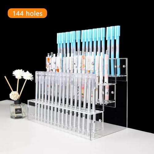 WAYUTO 144 Holes Acrylic Pencil Holder Pen Storage Rack Marker Display Stand Makeup Brush Organizer Stationery Supplies Holder for Desktop 3-Tier