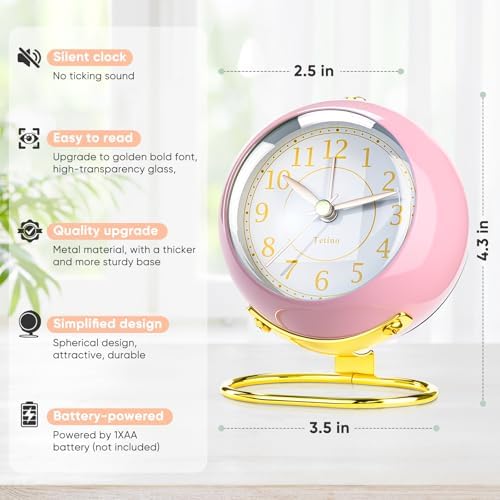 Analog Alarm Clocks,Retro Backlight Cute Simple design Small desk Clock With Night Light,Silent Non-Ticking,Battery Powered,For Kids,teens,Bedroom,travel,kitchen,Bedside Desk decor. (Light pink)