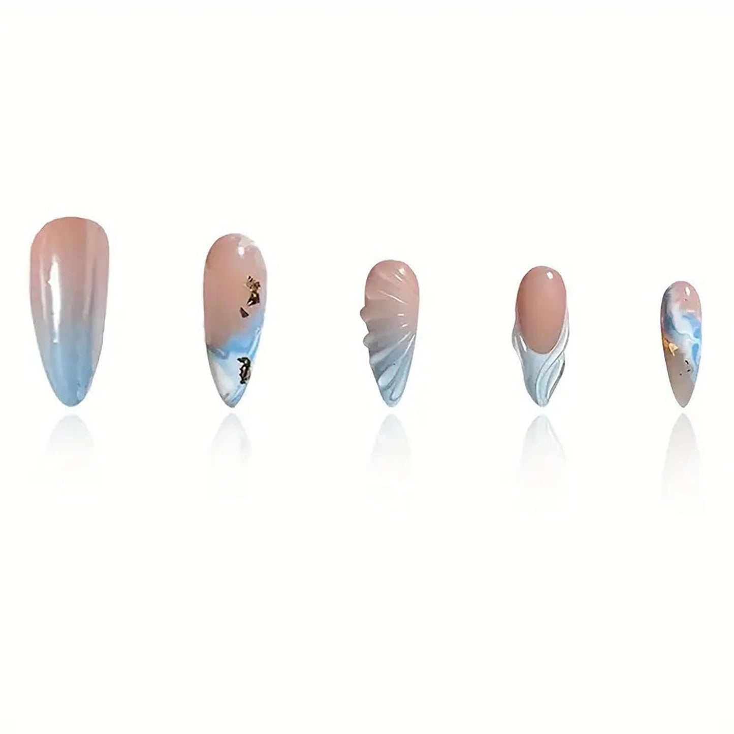 RUOKEXIN Almond Press on Nails French Tip Fake Nails Medium Length False Nails with Blue 3D Designs Spring Summer Nail Press ons Glossy Artificial Nails for Women 24Pcs