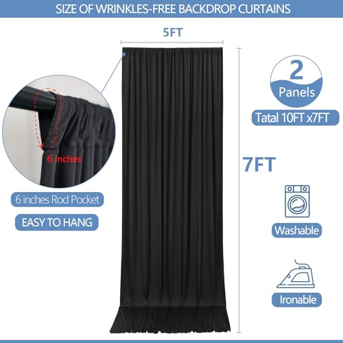 ESGOTBME 10x7ft Wrinkle Free Black Backdrop Curtain for Parties Soft Fabric Drapes Wedding Black Curtain Backdrop for Birthday Party Decorations Background for Photography 5x7ft, 2 Panels