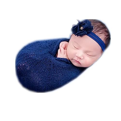 Newborn Photography Props Wrap Stretch Long Ripple Blanket Yarn Baby Photo Props Boy Girl Cloth Fabric Layer - color: Navy