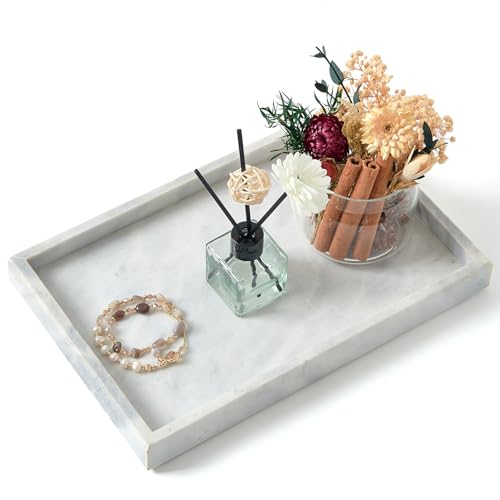 Marble Bathroom Tray,Pure Natural Marble Vanity Tray,Marble Tray for Kitchen Counter Non-Ceramic/Non-Resin,Stone Tray 12 x 8 inch (White) - color: White