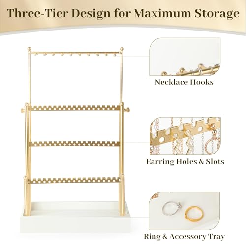 Tirzah 3-Tier Adjustable Earring Necklace Holder Organizer Stand, Gold Jewelry Display Tree with 105 Slots, 10 Double-Sided Hooks, White Tray for Women, Girls - color: Gold & White, for Necklace Earring