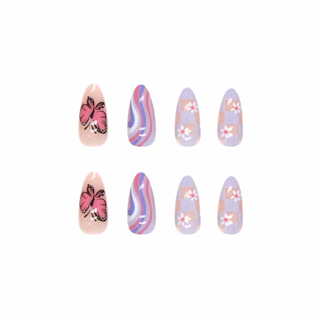 Foccna Butterfly Press on Nails Medium, Amlond Fake Nails Acrylic False Pink Nails,Artificial Nails for Women and Girls 24 pcs