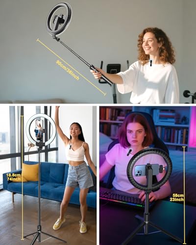 Vlogging Kit for iPhone/Android, 10” Ring Light with Stand, 74” Tripod for iPhone with Light, Microphone, YouTube Starter Kit for TikTok Content Creator