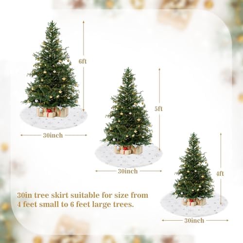30" White Plush Faux Fur Christmas Tree Skirt with Silver Sequin Snowflakes