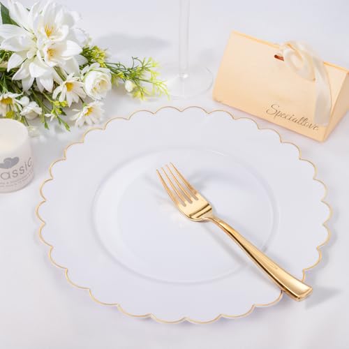 SUT 72 Pcs White Plates Disposable, White Plastic Plates With Gold Trim, 10.25 Inch Gold Dinner Plates, Fancy Plastic Plates, Plates Disposable Heavy Duty for Parties, Banquets - color: White Gold, size: 10.25 Inch