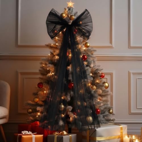Soulchen 49 Inch Christmas Tree Topper Bow Large Tulle Ribbon,Black