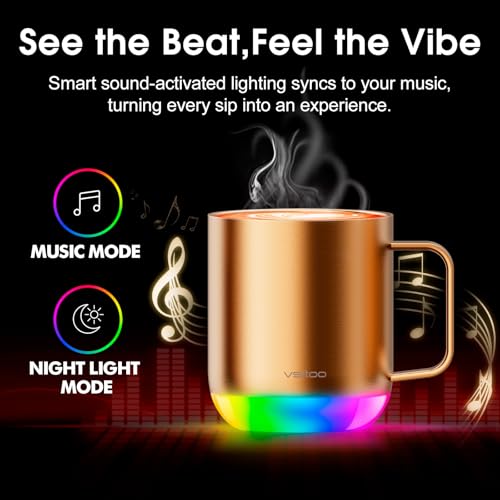 Vsitoo S6 Plus Smart Coffee Mug, 12oz,Temperature Controlled Mug & Electric Coffee Mug with Music Sync Lights，Auto-Sensing AI Heats Drinks to 120-150°F Hands-Free. Ideal for Home/Office/Gifts - Gold - color: Gold