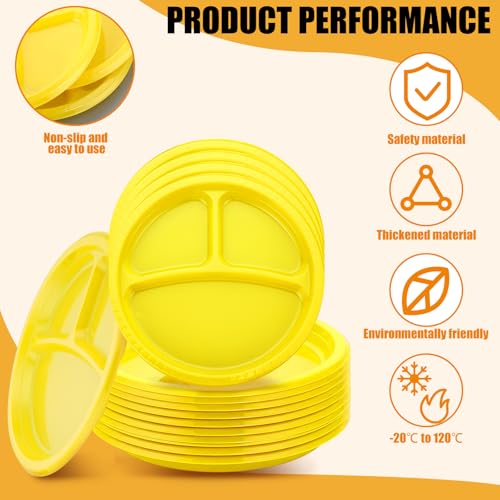 Umigy 100 Pcs 10 Inch 3 Compartments Divided Plastic Plates Bulk Colorful Disposable Heavy Duty Round Dinnerware for Party Valentine Wedding Birthday(Yellow) - color: Yellow
