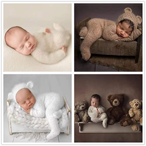 Newborn Photography Props Boys Girls Outfits Mohair Bear Hat Bonnet & Footed Romper Bodysuit Photoshoot Costume Set - color: White