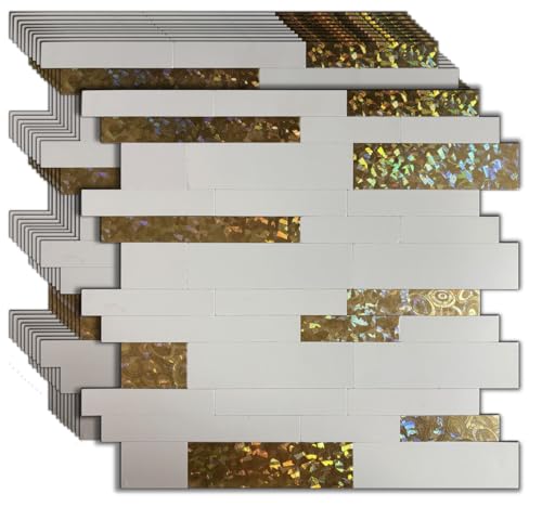10-Sheet Peel and Stick Backsplash Tile, PVC Mixed Meta,l Stick on Kitchen, Bathroom Vanities, Fireplace Décor, Laundry Table (White+Golden Lasing) - color: White+Golden Lasing
