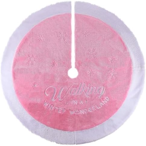 yuboo Pink Christmas Tree Skirt 48 inches, Large Faux Fur Fluffy - Furry Tree Rug Skirt with White Snowflakes Pink Christmas Decor Onaments for 7FT Christmas Tree