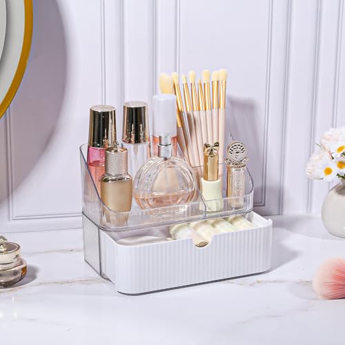 DASITON Makeup Organizer with Drawers, 2 Tier Stackable Organizer for Cosmetics, Skincare, Lipsticks, Makeup Brush, Acrylic Small Makeup Organizers for Vanity Bathroom Countertop Desk Storage (White)