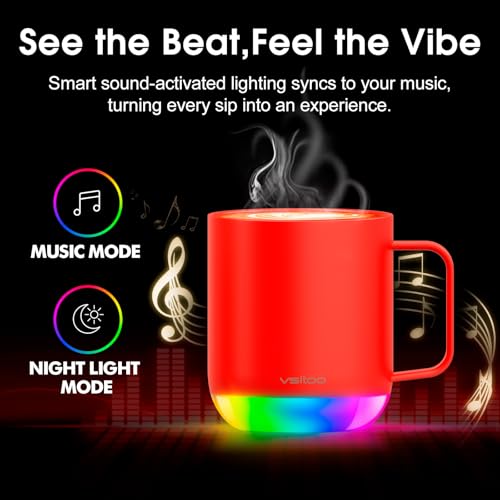 Vsitoo S6 Plus Smart Coffee Mug, 12oz,Temperature Controlled Mug & Electric Coffee Mug with Music Sync Lights，Auto-Sensing AI Heats Drinks to 120-150°F Hands-Free. Ideal for Home/Office/Gifts - Red - color: Red