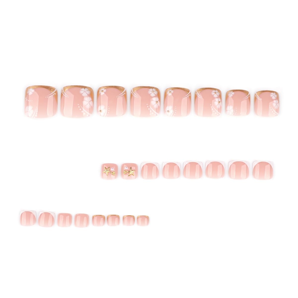 PEPFTG Flower Press on Toenails Short Square Fake Toenails with Floral Starfish Design Gold False Toenails Glossy Summer Acrylic Glue on Toenail for Women Nails Art Decoration 24Pcs