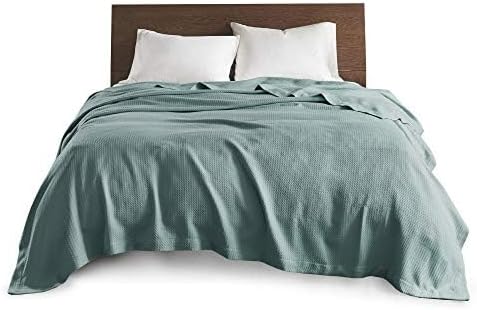 Madison Park Soft Certified 100% Egyptian Cotton Breathable Cozy Blanket, Premium Waffle Knit Classic Design, Luxury All Season Lightweight Cover for Bed, Couch and Sofa, Teal Full/Queen(90"x90")