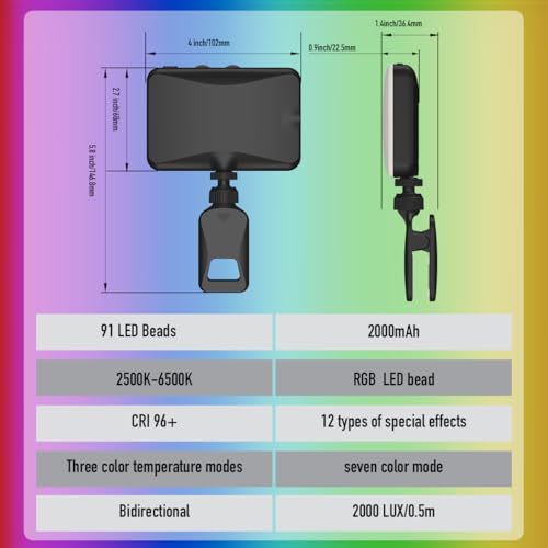 91 LED Portable Charger Selfie Light Video Conference Lighting with Clip & Camera Tripod Adapter Rechargeable 2000mAh CRI 96+, 4 Light Modes for Phone iPhone Webcam Laptop Makeup