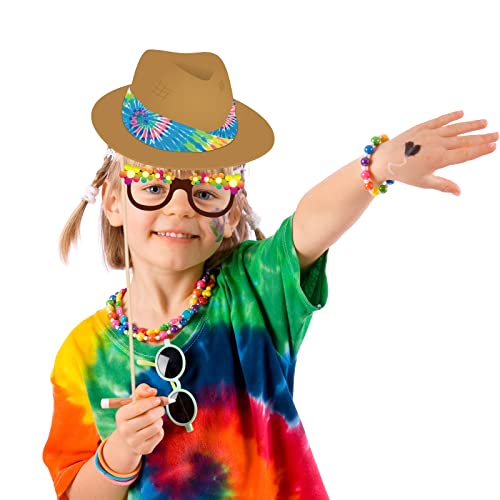25Pcs Hippie Photo Booth Props with Stick, 60's 70's Groovy Theme Selfie Props, Tie Dye Birthday Party Supplies, Peace Sign Photography Backdrop Decorations