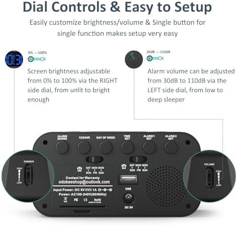 Odokee Digital Dual Alarm Clock for Bedroom with 0-100% Dimmable Display | Easy to Set Alarm Clock with Weekday/Weekend Mode - Loud Alarm for Heavy Sleepers with 5 Sounds Adjustable Volume - Blue