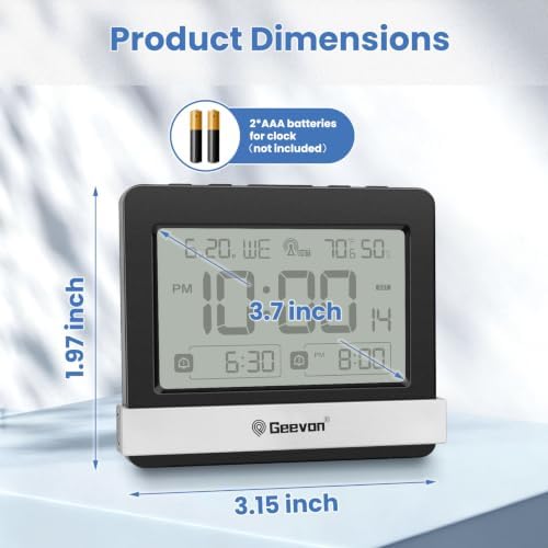 Geevon Atomic Travel Alarm Clock with Indoor Temperature and Humidity | Auto DST Digital Desk Clock Portable Battery Operated with 2 Alarms, Snooze, Light, 3.7" Display for Bedroom Office Study