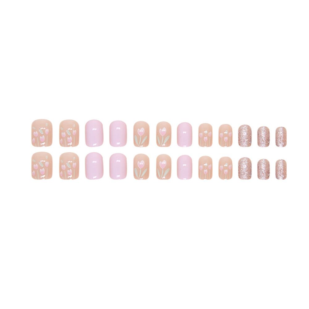 24Pcs Purple Flower Press on Nails Short Tulip Floral Square Fake Nails with Glitter Summer Exquisite Designs Pink Full Cover Glue on Nails Acrylic False Nails for Women Manicure Tips Decorations
