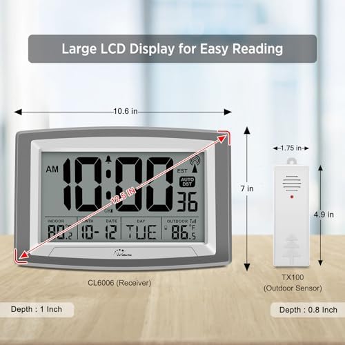 WallarGe Atomic Clock with Outdoor and Indoor Temperature - 12.5 Inch Self-Setting Digital Clock Large Display, Battery Operated Wall Clocks or Desk Clocks for Bedroom, Livingroom, Office (Pack of 2)