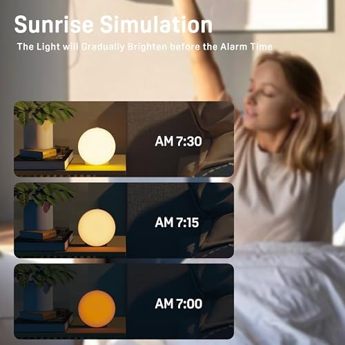 JALL Full-Screen Wake Up Light Sunrise Alarm Clocks for Bedrooms, White Noise Machine for Heavy Sleepers, 25 Natural Sounds, Dual Alarms, FM Radio, 17 Dimmable Colors, Bluetooth Speaker