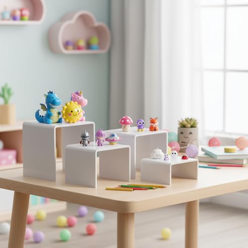 Chuangdi 20 Pcs Acrylic Display Risers, White Product Stand, Jewelry Display Riser Shelf Showcase Fixtures for Figure Dessert Cupcake Candy Action Showcase(White, Medium Set) - color: White, size: Medium Set
