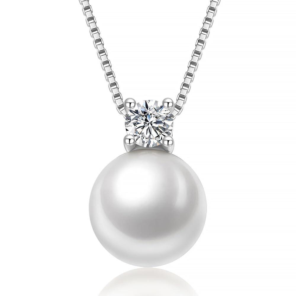 Silver Plated Copper Single Pearl and Solitaire Pendant Necklace for Women 10MM White Round Shell Pearl Chain Choker Dainty Adjustable Bridal Jewelry 18.5’’