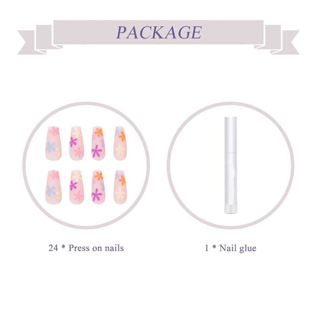BABALAL Matte Press on Nails Long Coffin Fake Nails Pink Glue on Cute Acrylic False Nails with Flower Design for Women and Girls