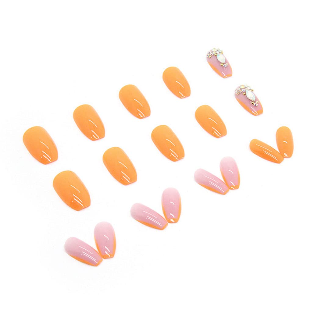 Foccna Press on Nails Medium, Fake Nails Coffin Acrylic False Orange Nails,Artificial Rhinestone Nails for Women and Girls 24 pcs