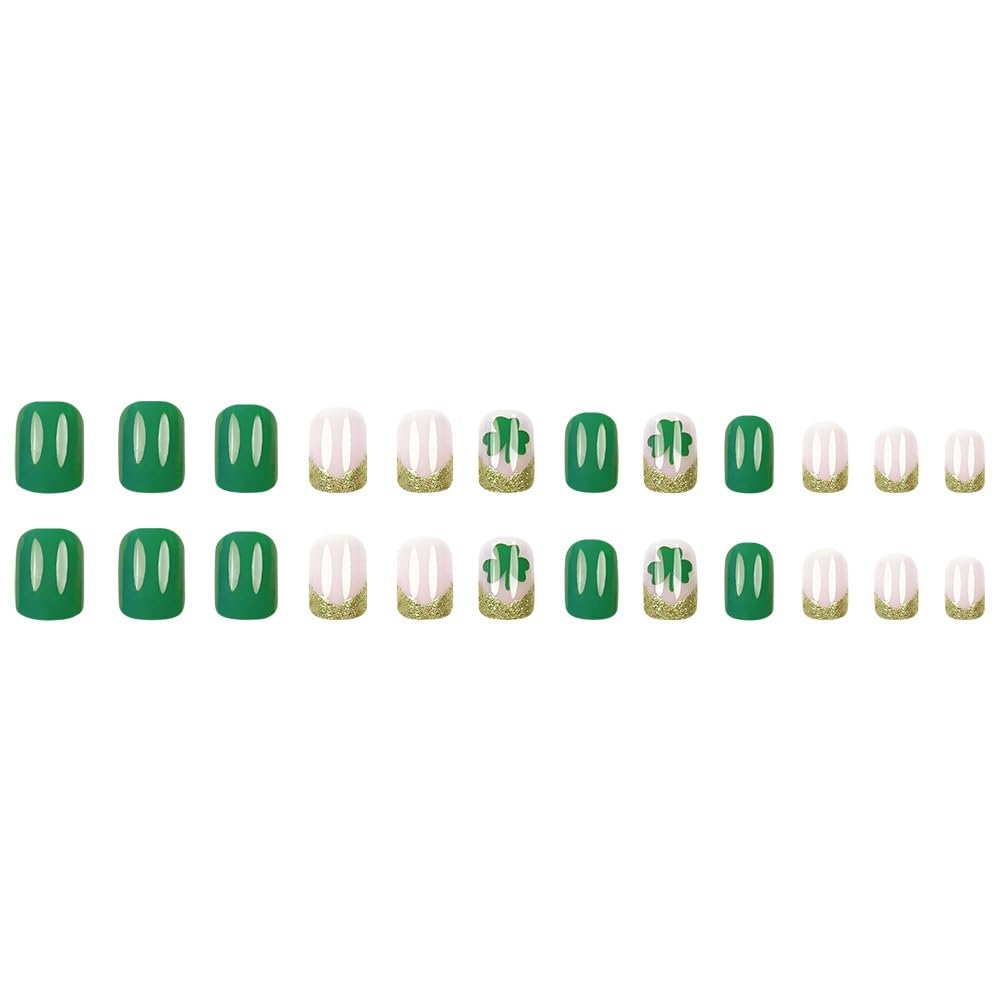 St Patricks Day Press on Nails Short Square Fake Nails with Shamrock Clover Design Glossy Green Glue on Nails Gold Glitter French Tips Nails Press ons Spring Acrylic Nails for Women Manicure 24Pcs