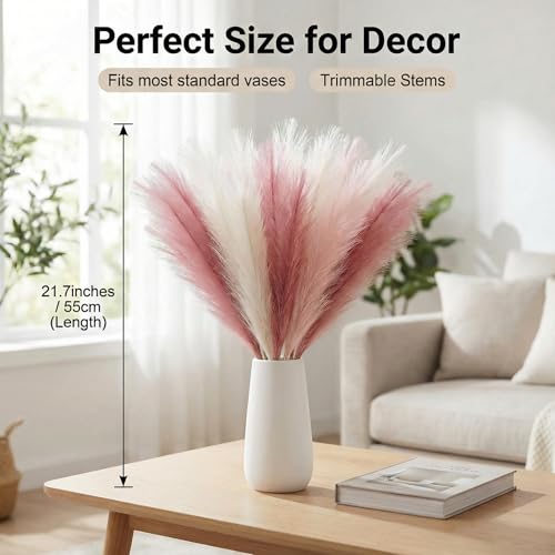Pampas Grass Decor 30pcs 21.7 Inch, Faux Pampas Grass (White/Pink/Rose Red), Artificial Dried Flowers Look, Fluffy No Shedding for Boho Wedding Home Bedroom Vase Filler - size: Pink White Rose