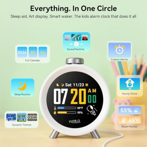 MOMILLA Alarm Clock for Heavy Sleepers Adults, Colorful Screen Temperature, Loud 7-Day Programmable 4 Alarms, Kids Alarm Clocks for Bedrooms Boys Girls, Easy to Set, Digital White Noise, Hourly Chime