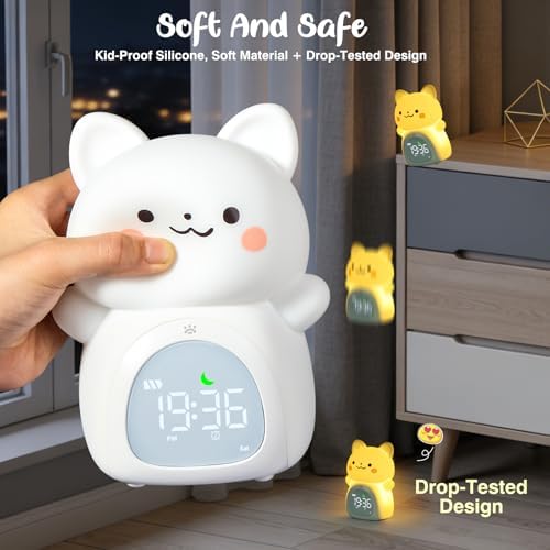 Cat Alarm Clock for Kids, Rechargeable Ok to Wake Clock with Night Light - BPA-Free Silicone Sleep Training Clock, Cute Toddler Wake Up Clock for Boys Girls Bedroom