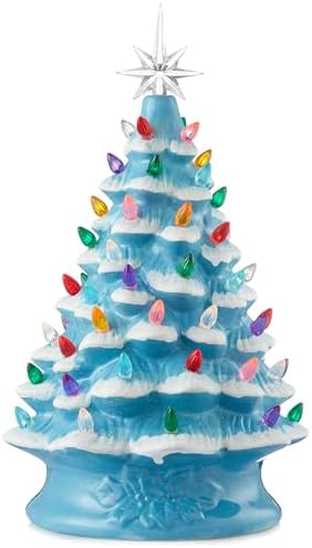 Casafield Hand Painted Ceramic Christmas Tree, Blue Snow Flocked 15-Inch Pre-Lit Tree with 128 Multi Color Lights and 2 Star Toppers
