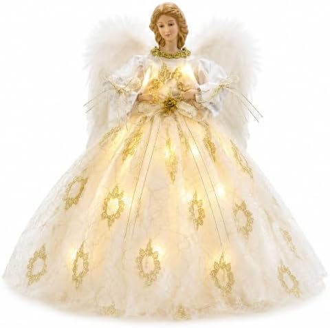 16 Inch Christmas Lighted Angel Tree Topper with Illuminated Wings Ivory and Gold Lace Maxi Gown Christmas Tree Top Decor Ornament Flying Fairy Figurine Holidays Indoor Home Decor