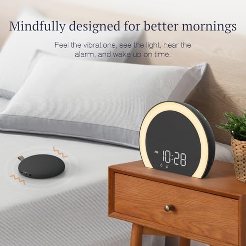 ANJANK Super Loud Alarm Clock with Wireless Bed Shaker, Vibrating Dual Alarm with Light Wake Up for Heavy Sleepers & Hearing Impaired, 9-Color Night Light, 8 Sounds, 0-100% Dimmer, USB Charger