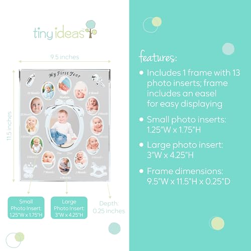 Tiny Ideas Baby’s My First Year Picture Frame, Monthly Milestone Photo Collage, 12 Month Baby Keepsake, Nursery Wall Decor and Baby Gift, Silver
