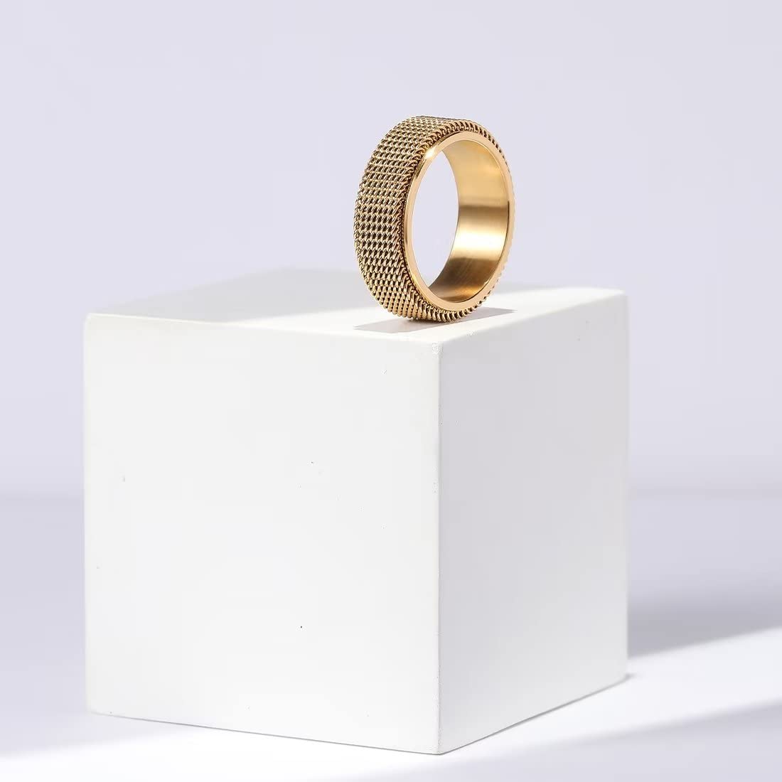 King Will Gold 8mm Stainless Steel Chain Mesh Simple Plain Spinner Anxiety Ring for Women Men Wedding Band Ring Fidget Ring Mesh Chain Woven Mesh 14
