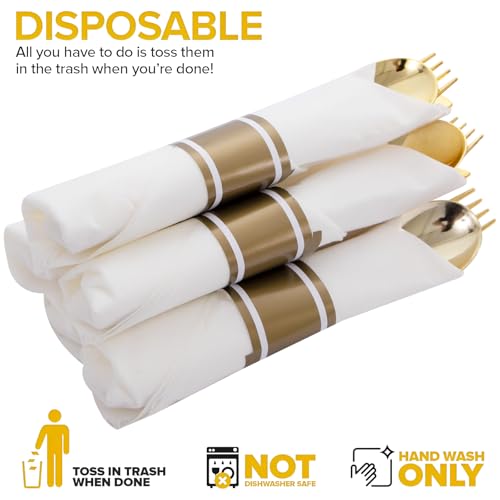50Guests Pre Rolled Gold Plastic Silverware Sets - Heavy Duty Gold Cutlery - Include 50 Pack Wrapped Disposable Utensils with Napkins for Parties, Dinners & Weddings - color: 50Pack - Gold