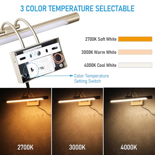 LEONLITE 3CCT Dimmable LED Picture Light, 2700K/3000K/4000K Selectable, CRI90 Swivel Full Metal Picture Frame Light for Wall Art, Painting, Artwork, Portrait, Plug-in & Hardwired, Antique Brass - color: Antique Brass-CCT
