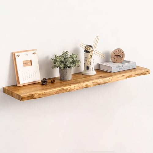 Live Edge Floating Shelf, 40 Inch Rustic Solid Elm Wood - Natural Wood Tone with Invisible Brackets, Wall Mounted for Living Room, Kitchen, Bathroom - color: Clear Natural, size: 40"L, 1-Pack