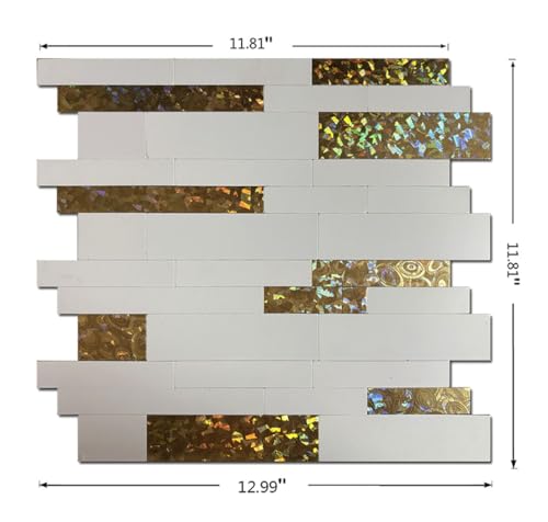 10-Sheet Peel and Stick Backsplash Tile, PVC Mixed Meta,l Stick on Kitchen, Bathroom Vanities, Fireplace Décor, Laundry Table (White+Golden Lasing) - color: White+Golden Lasing