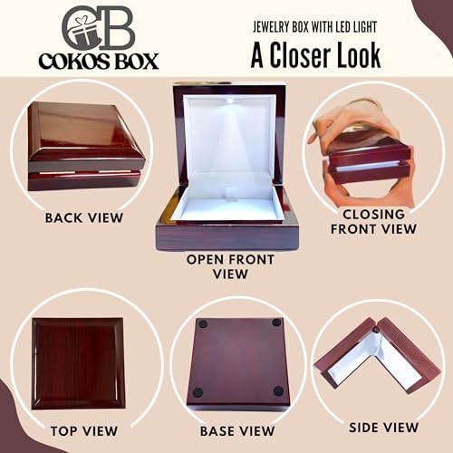 Necklace Box with LED Light – Small Jewelry Display Case for Bracelet, Earrings, or Chains – Luxury Lighted Wooden Presentation Box for Gifts, DIY Crafts, Mahogany, White Interior